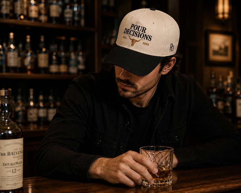 Pour Decisions western snapback hat detail