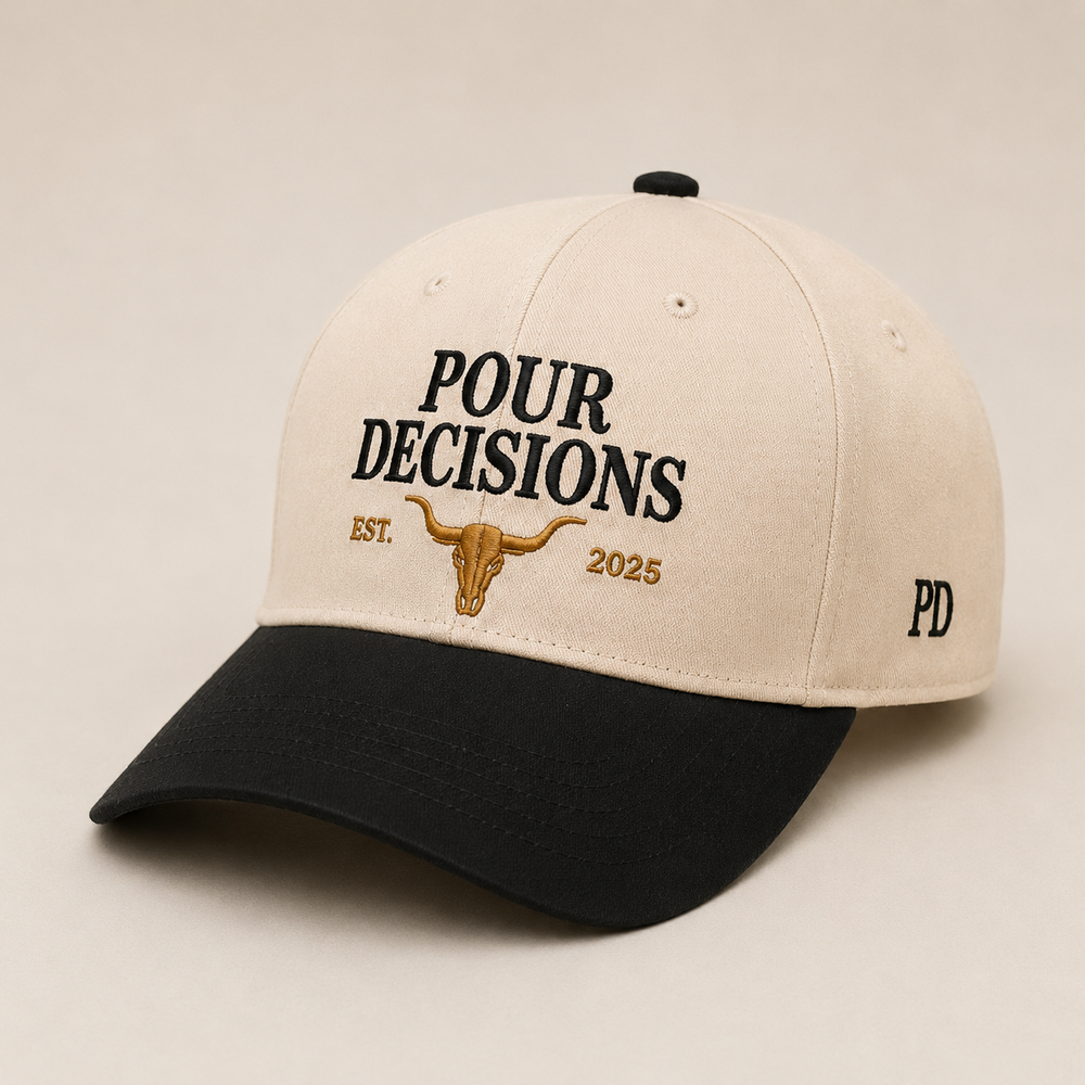 Pour Decisions cream and black flat-brim snapback side view